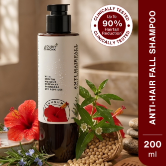 Dusky Monk Japakusum Root Therapy Shampoo with Hibiscus, Bhringraj, Rosemary, Keratin, Soy Peptides and Niacinamide for hair fall control, scalp health and stronger hair.